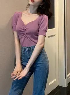 フロントギャザーショート丈ニットトップス