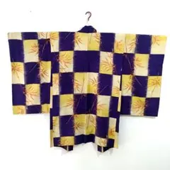 アンティーク 銘仙 長羽織 格子に笹 紫×生成り