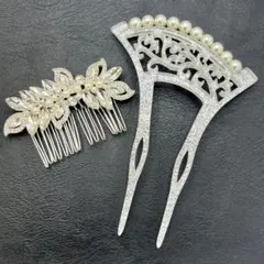 2点セットP 簪 かんざし 髪飾り バチ型 和装小物 結婚式 着物 銀色 パール