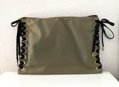 【美品】レースアップ ナイロンポーチ クラッチバッグ カーキ