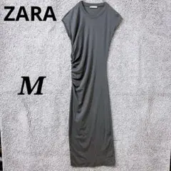 4246 ザラ ワンピース M グレー 無地 コットン ギャザー モード タイト