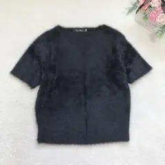 ココディール 半袖ニット レディーストップス シャギー シンプル ベーシック 黒