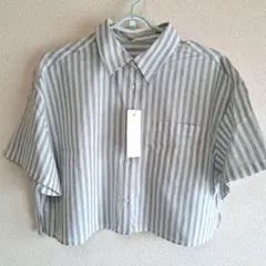 GU　リネンブレンドクロップドシャツ　ストライプ　グリーン　新品タグつき