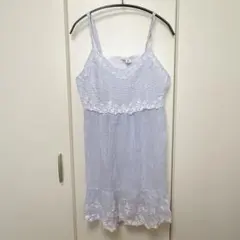 ストライプ　ボーダー　キャミワンピース 【L】ブルー　水色　ガーリー　刺繍