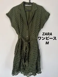 ZARA カーキ アイレットレース 半袖シャツ ベルト付きのサムネイル