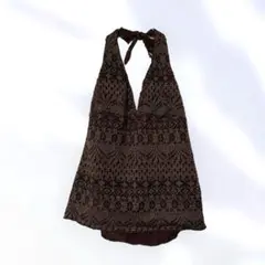 ブラウン刺繍ホルターネック タンクトップ ブラウントップス フリー