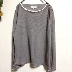 ボーダーカットソー Mサイズ 肩ボタン レース トップス ナチュラル系