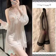 【65-2】白・ナイトウェア・ルームウェア・ネグリジェ ・フリーサイズ４点セット