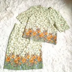 東京スタイル　花柄　総柄　セット　アップ　半袖　スカート　M 緑　ノーカラ　薄手