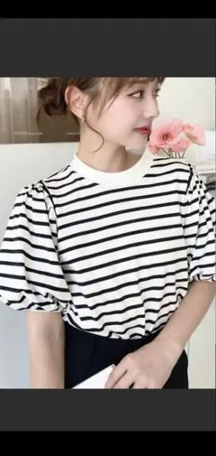 ストライプ柄パフスリーブ半袖Tシャツのサムネイル