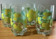 テ入メ箱　昭和レトロ黄色花柄ガラス製コップ グラス4個セット