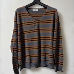 綿65%ポリエステル35%の横縞V ネックセーター(新品未使用)