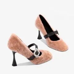 韓国♡美人度アップ♡ファー×スクエア ビジュー ベルト付き パンプス ハイヒール