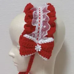 【値下げ中】ヘッドドレス(赤×白)レース リボン かぎ針編み