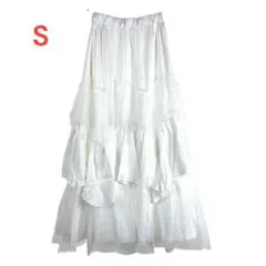 美品 ホワイト ティアードロング　フレア　チュール　スカート Sサイズ