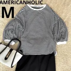 AMERICANHOLIC M ボーダー トップス カットソー 5分袖 黒×白