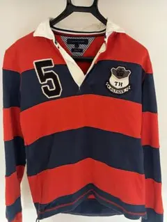 トミーヒルフィガー長袖ポロシャツ ボーダーラガーシャツ 紺オレンジ　S