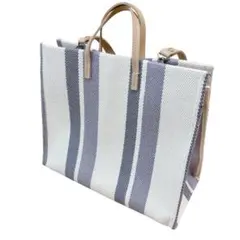 【美品】大容量！ストライプ トートバッグ ショルダー付き　お出かけ　ブルー系
