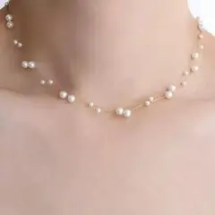 淡水パール風 2連 スキャッターネックレス ゴールド 華奢 上品 透明感 極細