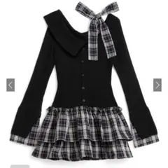 チェック柄ドッキングワンショルダーリボンフリルニットワンピース[pm785]