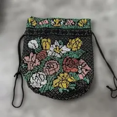 花柄ビーズ刺繍巾着バッグ