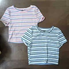 SHEIN ボーダー リブ 半袖 Tシャツ 2枚セット Mのサムネイル