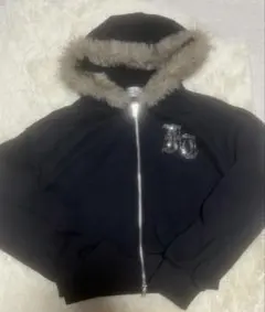 ファー付きフードジップストーンパーカーブラック 黒 フリーサイズ