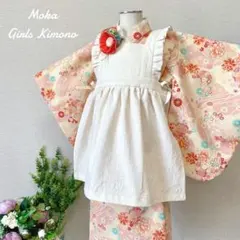 【再販♡】七五三　3歳　着物＆被布エプロンセット　朱色和柄×生成り　ハンドメイド