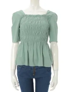 スクエアネック シャーリング ブラウス グリーン