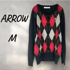 美品 アロー ARROW アーガイルカーディガン M 黒　赤　黄色 前ボタン