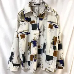 総柄 長袖 シャツ アイボリー系 抽象柄