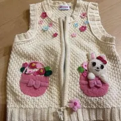 ミキハウス ベビー ベスト 80 クリーム色 花とウサギ刺繍