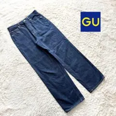 M5【ジーユー】ハイライズストレートジーンズ　ネイビー　M 無地　カジュアル