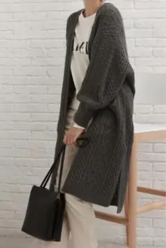 SHOO-LA-RUE ロングニットカーディガン ボリューム袖 ケーブル編み F