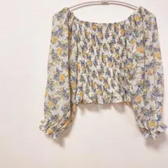 ✨トレンド✨【FREE】花柄 シャーリング パフスリーブ ブラウス 白 黄色