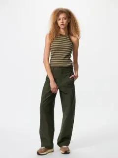 【新品未使用】ユニクロジャージーバレルレッグパンツ オリーブ S 股下69