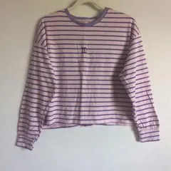ストライプ 長袖クロップドTシャツ ピンク×パープル ボーダー