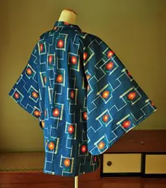 羽織　ウール　コバルトブルー　四角　花柄　幾何学模様　着物　未使用　レトロ