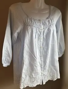 earth レディース チュニックブラウス ストライプ 刺繍入り 七分袖