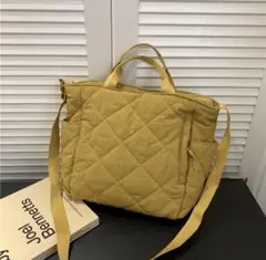 445ショルダーバッグ軽量カジュアルイエローキルティングトート斜めがけ 2way