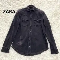 ZARAザラ デニムシャツ クラッシュデニム ダメージ加工 ブラック