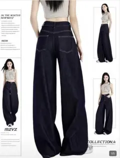 SHEIN デニムパンツ 濃紺 ワイドレッグジーンズ