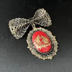 ヴィンテージ リモージュ風 オーバルブローチ リボン 細工