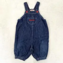 ミキハウス オーバーオール デニム コットン ロゴ刺繍 ネイビー 80〜90cm