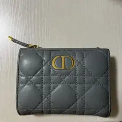 ディオール◇カロカナージュ二つ折り財布 ゴールド金具ブルーグレー