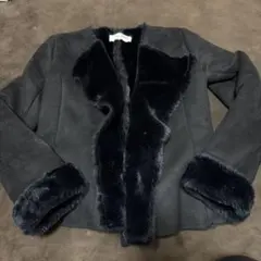 ネイビー ムートン風ファーコート ウエストリボン付き