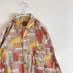 90s~ ヴィンテージ レトロ 古着 七分袖 シャツ 総柄 個性的 赤黄黒白橙