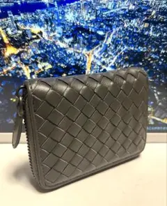 高級ラムレザー イントレチャート ラウンドファスナーメンズ財布 編み込み グレー