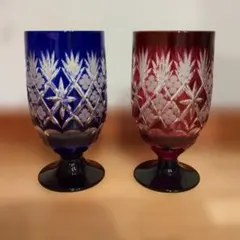 江戸切子 クリスタルグラス 青赤2個セット