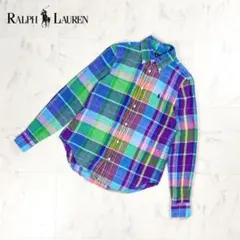 ポロラルフローレン リネン100％ チェック柄シャツ ブルー系 2*BD1133